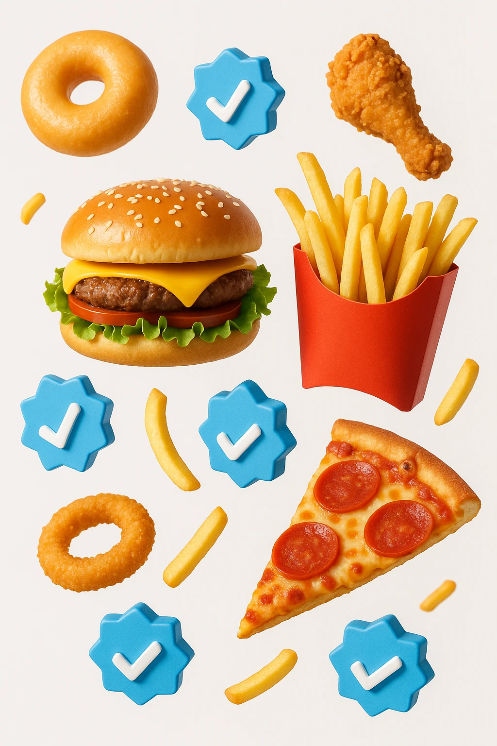 fast food realistico fluttua in aria insieme a spunte di verificato in 3d, sfondo bianco emoji