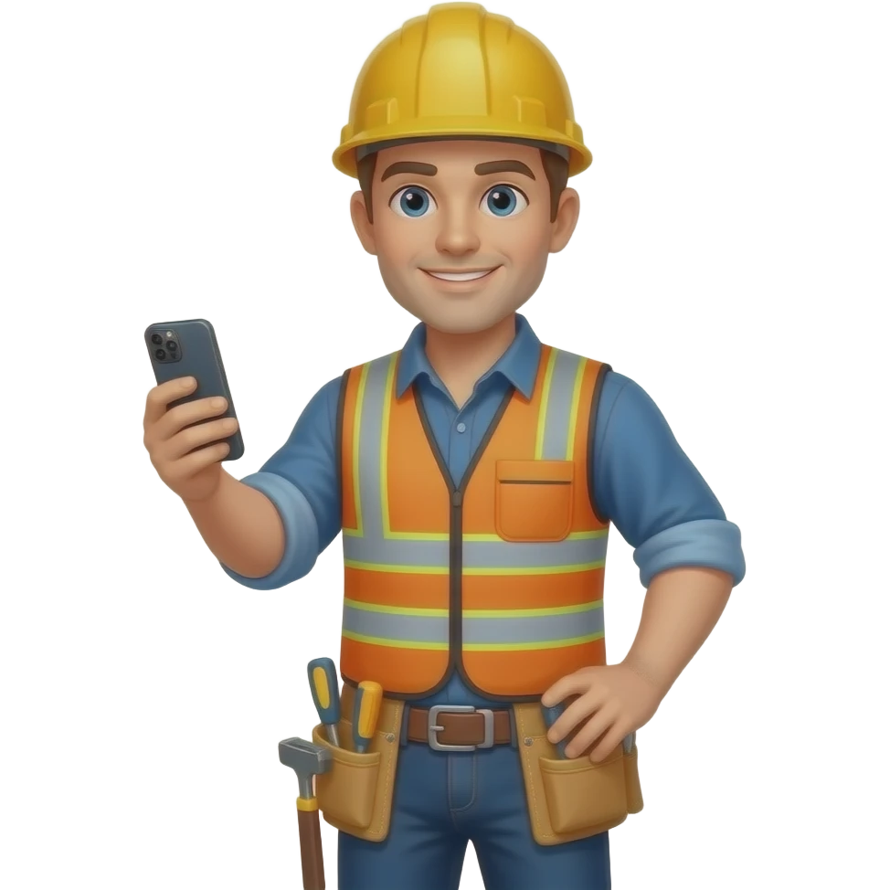 general contractor without a safety vest or helmet on a call holding their smartphone with a tool belt emoji