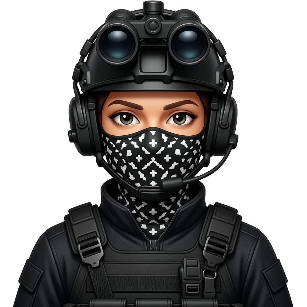 woman wearing a black special tactics medical force outfit and a black COMBAT BOOTS PLATEface total painted black and a black and white patterned balaclava and wears a headset and a big black night vision device on his headtop with a helmet and a mask emoji
