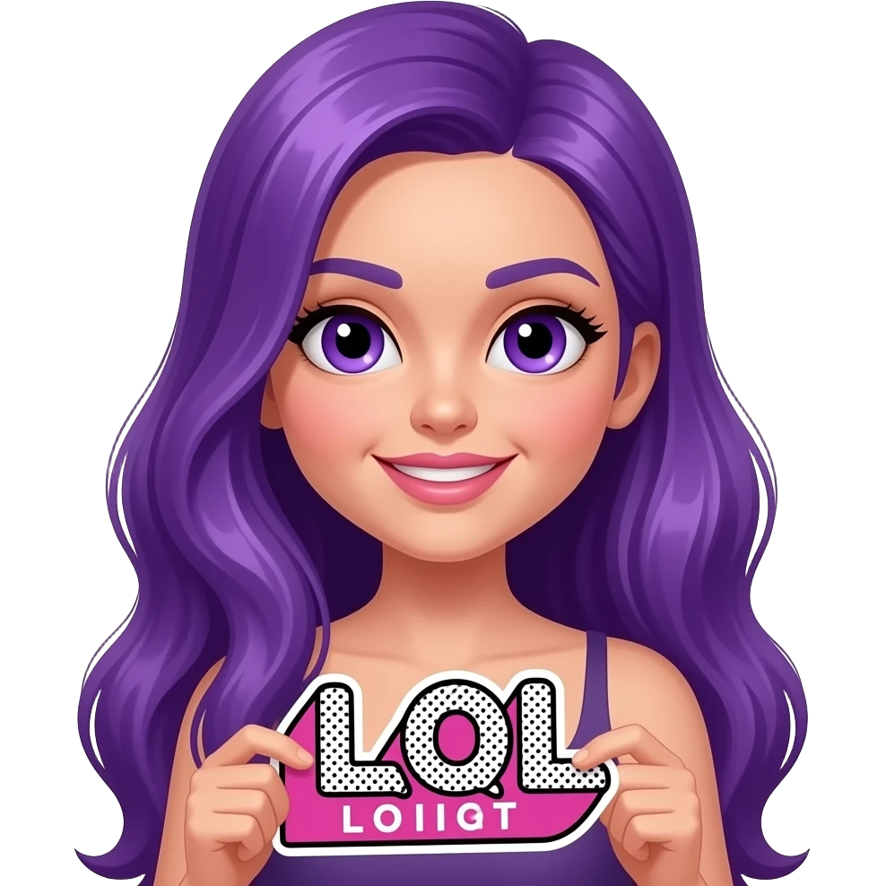 sexy girl with long purple hair and purple eyes holding a LOL sign emoji