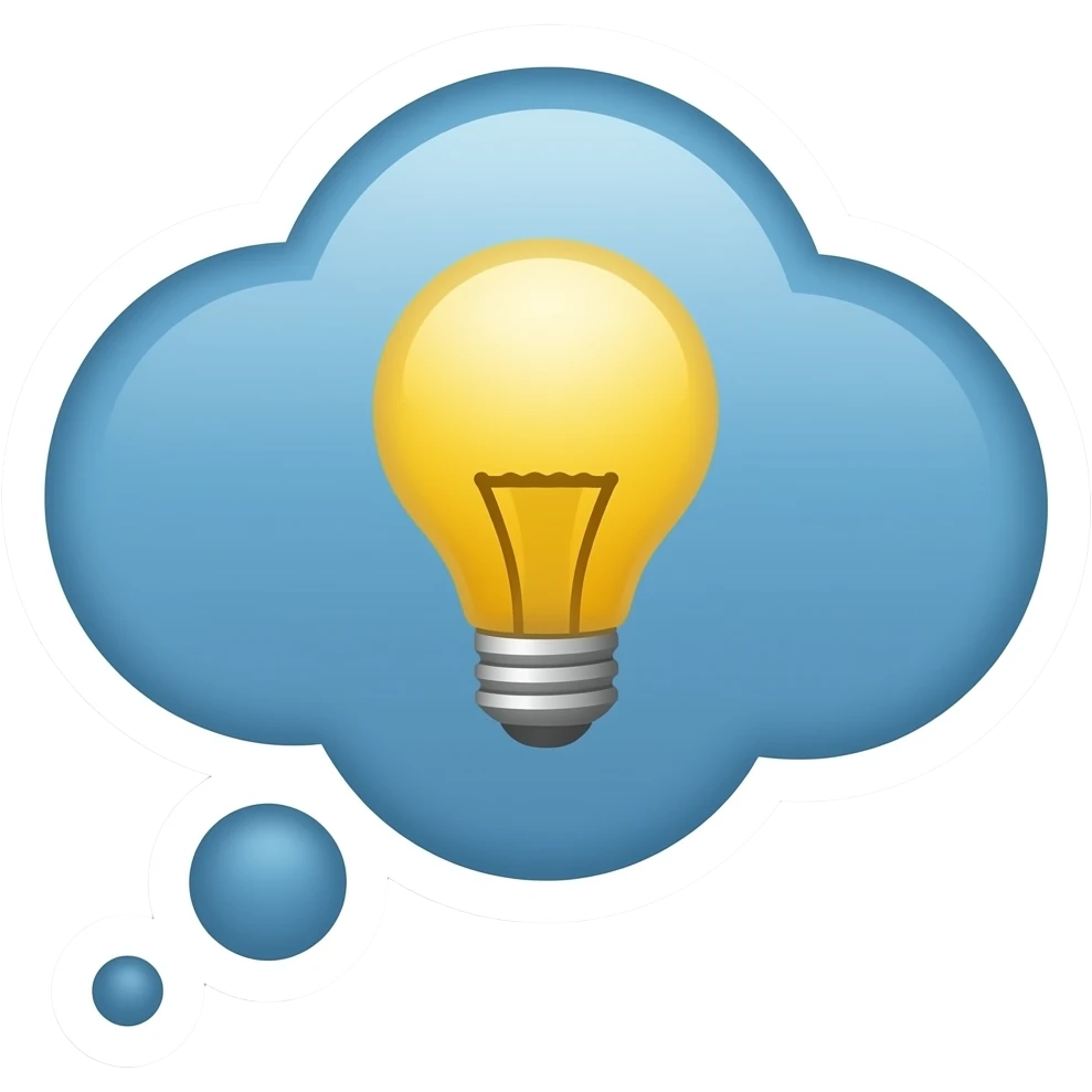 Simple and minimalistic sticker of a thought bubble with a light bulb inside, white outline, smooth gradients or solid colours emoji