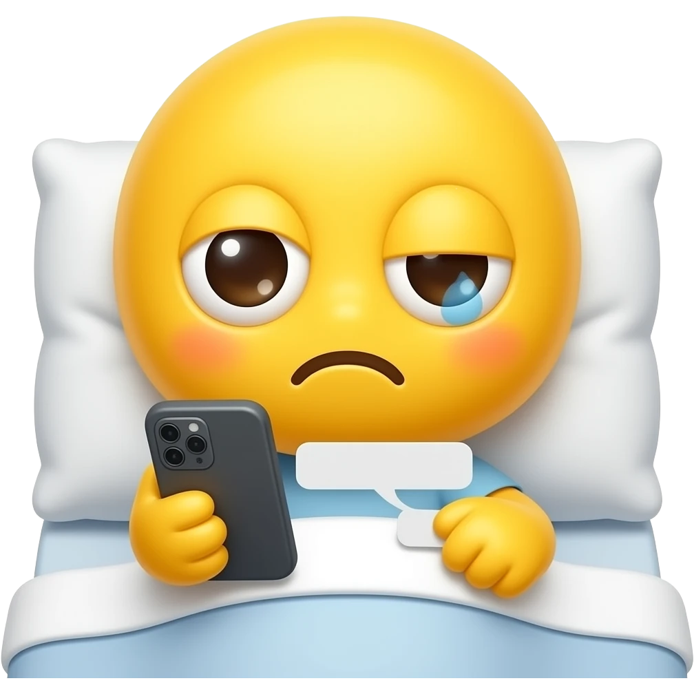Cute & funny good morning yellow emoji face that looks tired with bags under eyes and has only one eye open and the other eye shut reading phone messages in bed emoji