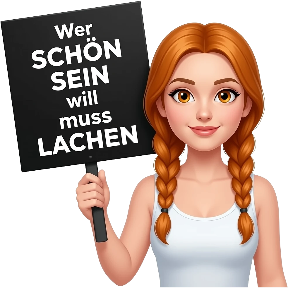 sexy girl with long ginger braids and ginger eyes wearing a white tanktop is holding a big black sign with Wer SCHÖN SEIN will, muss LACHEN written on it emoji