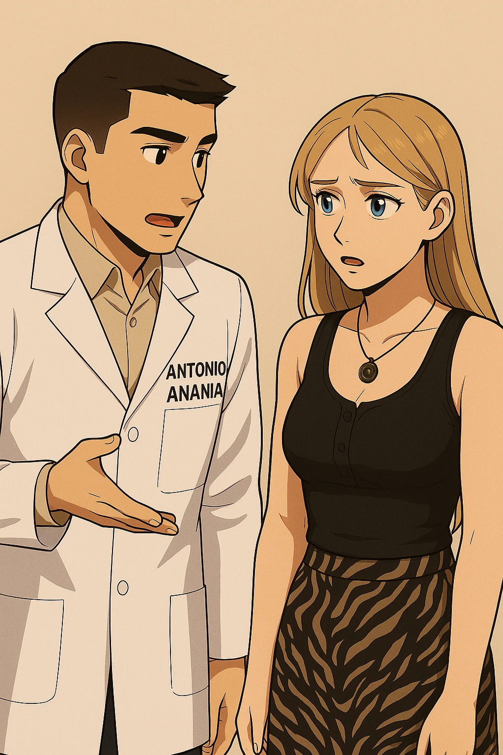 fai un webtoon/manga a colori con questo kinesiologo in camice bianco (fagli la scritta "ANTONIO ANANIA" SUL CAMICE) CHE PARLA CON QUESTA RAGAZZA CON GLI OCCHI AZZURRI. la ragazza gli fa una domanda preoccupata e IL KINESIOLOGO CON IL CAMICE BIANCO LE risponde. NON FARE I FUMETTI, FAI SOLO LORO COME SE DIALOGASSERO emoji