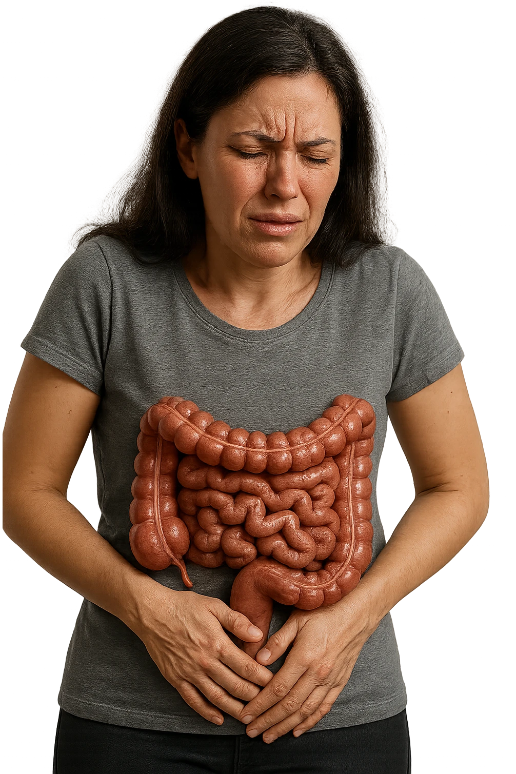 DONNA CON INTESTINO ANATOMICO REALISTICO IN EVIDENZA E MAL DI PANCIA, IPERREALISTICO 4K emoji