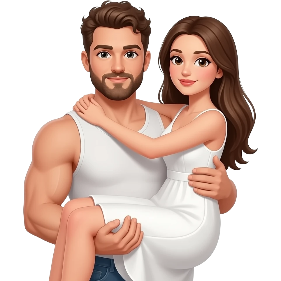 Realistic white skin brown short curly hair with beard muscular man carrying white skin long straight brown hair girlfriend wearing aesthetic dress HD emoji