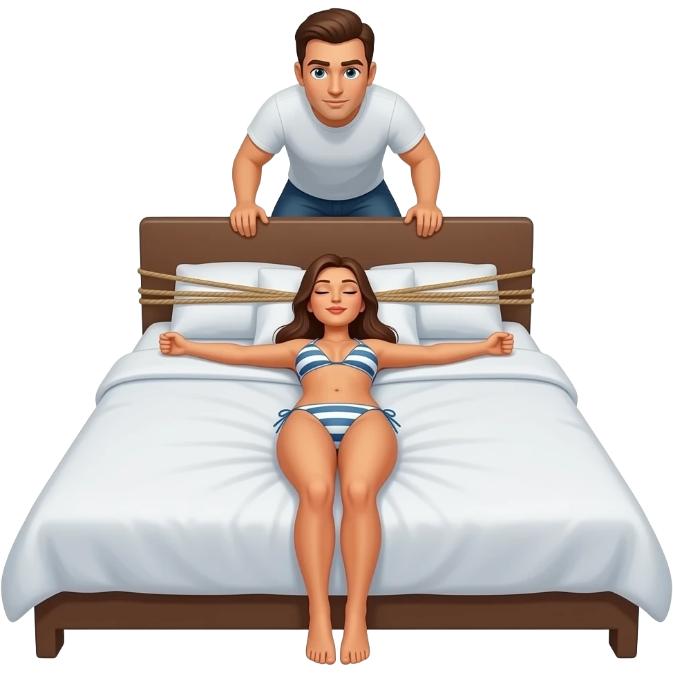 Femme a en bikini llongée sur le dos dans un grand lit double avec les bras  attaché à la tête de lit et un homme accroupi au dessus de la femme emoji