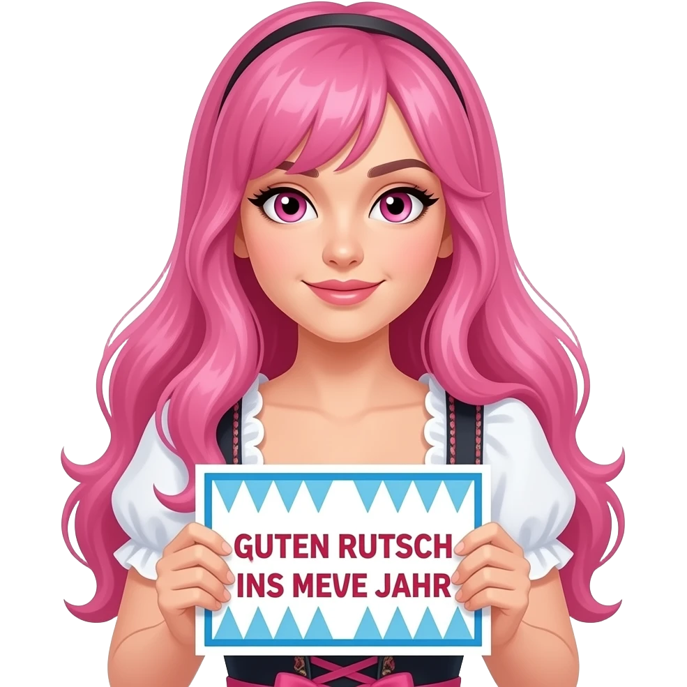 sexy girl with long pink hair and pink eyes wearing a dirndl holding a GUTEN RUTSCH INS NEUE JAHR sign emoji