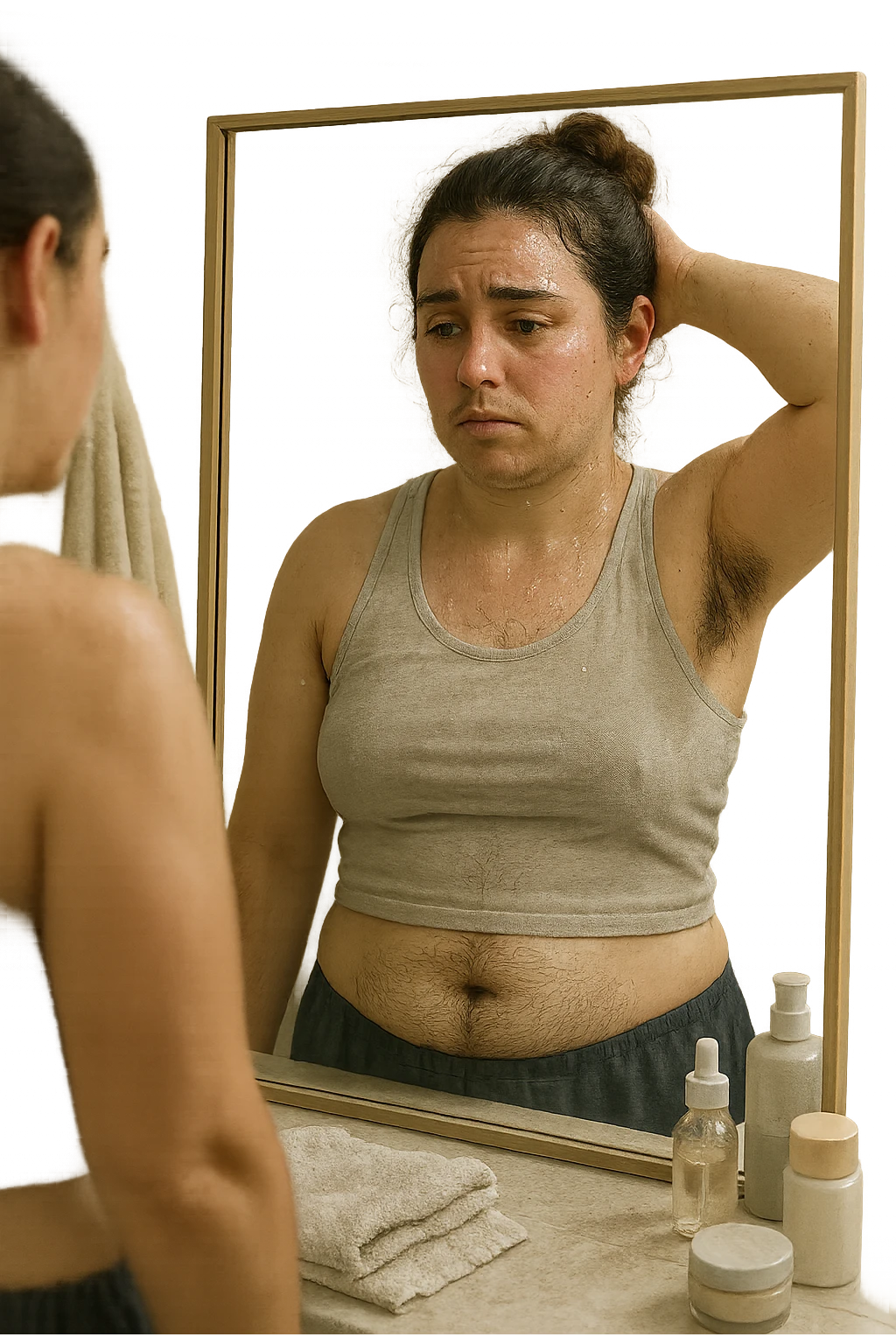 Donna tra i 25 e i 35 anni in un bagno o camerino, con espressione affaticata e leggermente imbarazzata, mentre si osserva allo specchio. È visibile una sudorazione abbondante sulla fronte e sotto le ascelle, e si notano peli più marcati su viso (mento o baffetti), addome e braccia. Indossa abiti leggeri o sportivi, e ha accanto a sé asciugamani e prodotti per la cura della pelle. Atmosfera realistica ma intima, con luce naturale e toni neutri. L'immagine trasmette consapevolezza, frustrazione e il desiderio di trovare soluzioni. Stile realistico, tono empatico e umano emoji