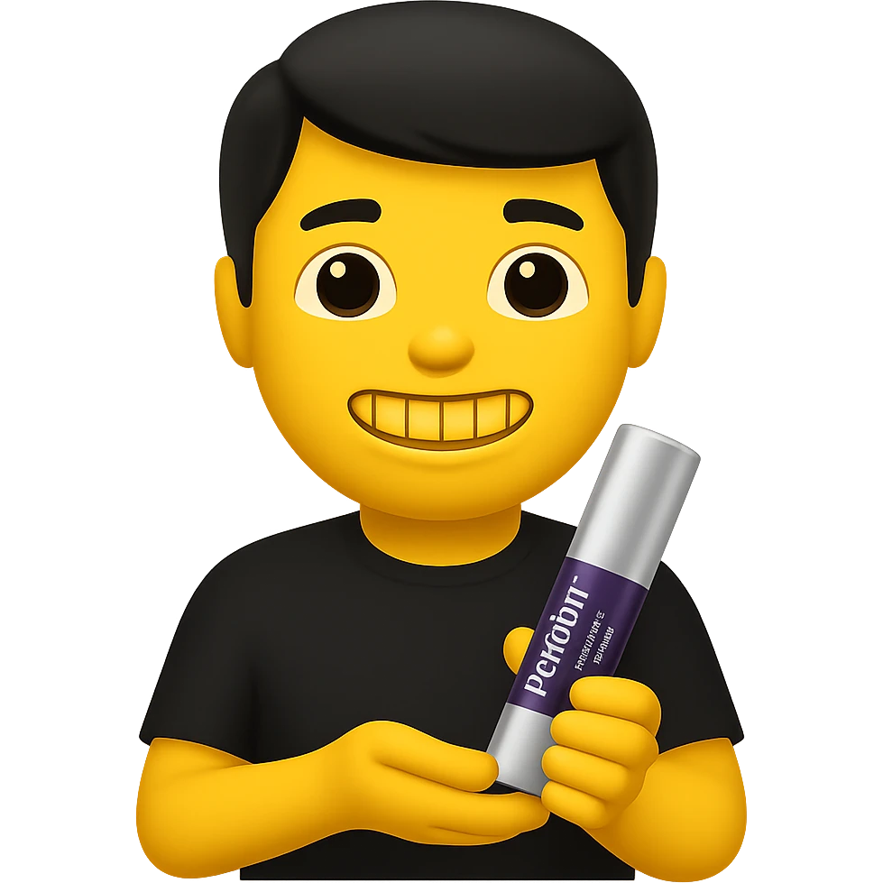 Edit the image in a Genmoji emoji style. Make her teeth yellow. Ensure she is holding only the attached purple and silver spray can, with nothing else in her hands. Keep her black hair and black t-shirt as is. emoji