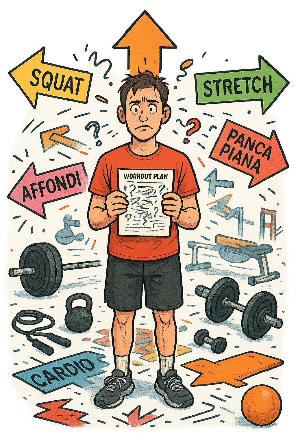 a person stands in the center of a gym, surrounded by arrows pointing in all directions, each labeled with a different exercise (e.g., “squat,” “Salti,” “stretch,” “Panca Piana”). The person looks bewildered, holding a workout plan with scribbles and question marks. The scene is colorful but visually messy, symbolizing confusion. in italiano immagine iperrealistica emoji