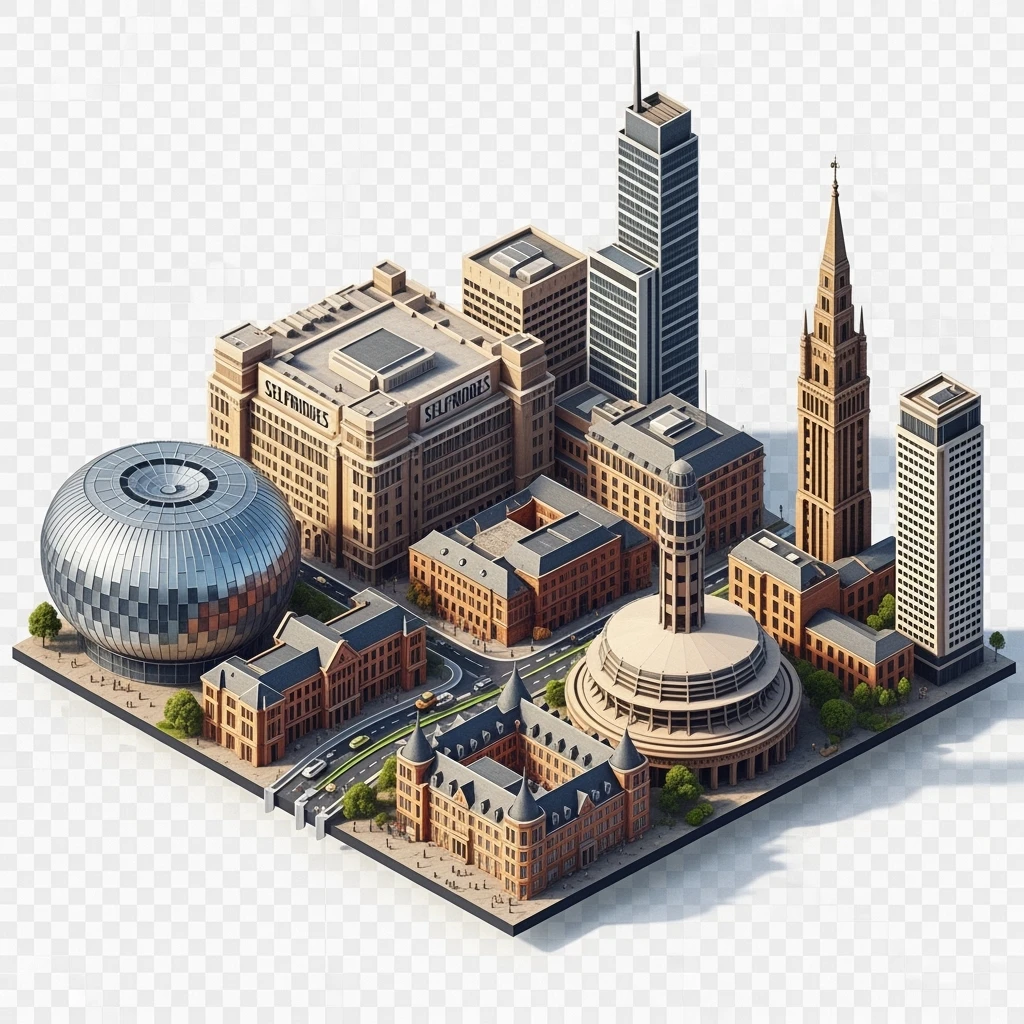 Isometric illustration of Birmingham, balanced between stylized and realistic, 3D miniature effect, transparent background. emoji