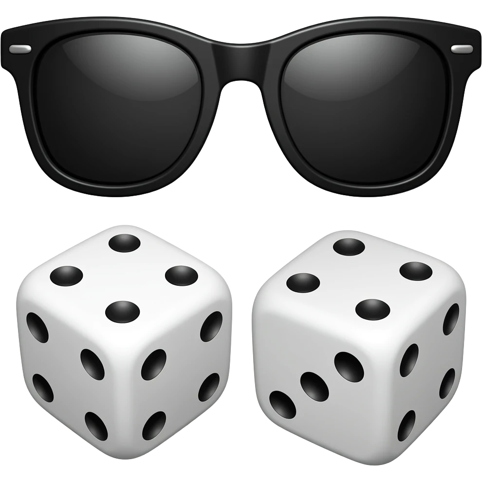 Flat emoji of two dice and a simple pair of black sunglasses, thick outline, minimal details on the pips, high contrast, transparent background, square, no text. emoji