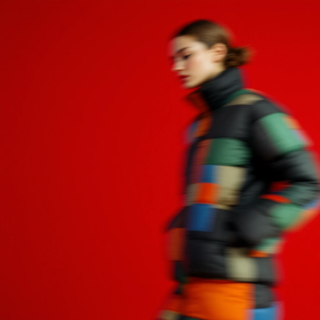 Medium shot, "Echo print effect" motion blur, Photo of a woman dress in abstract (black orange green and blue) grid puffer Louis Vuitton jacket, red solid background, express body, spot light with hard light emoji