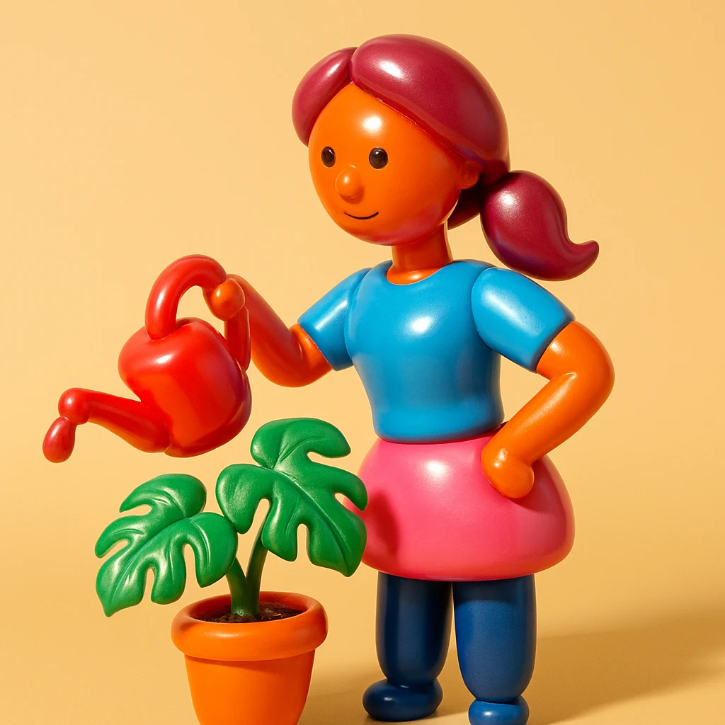 woman watering her monstera plant emoji