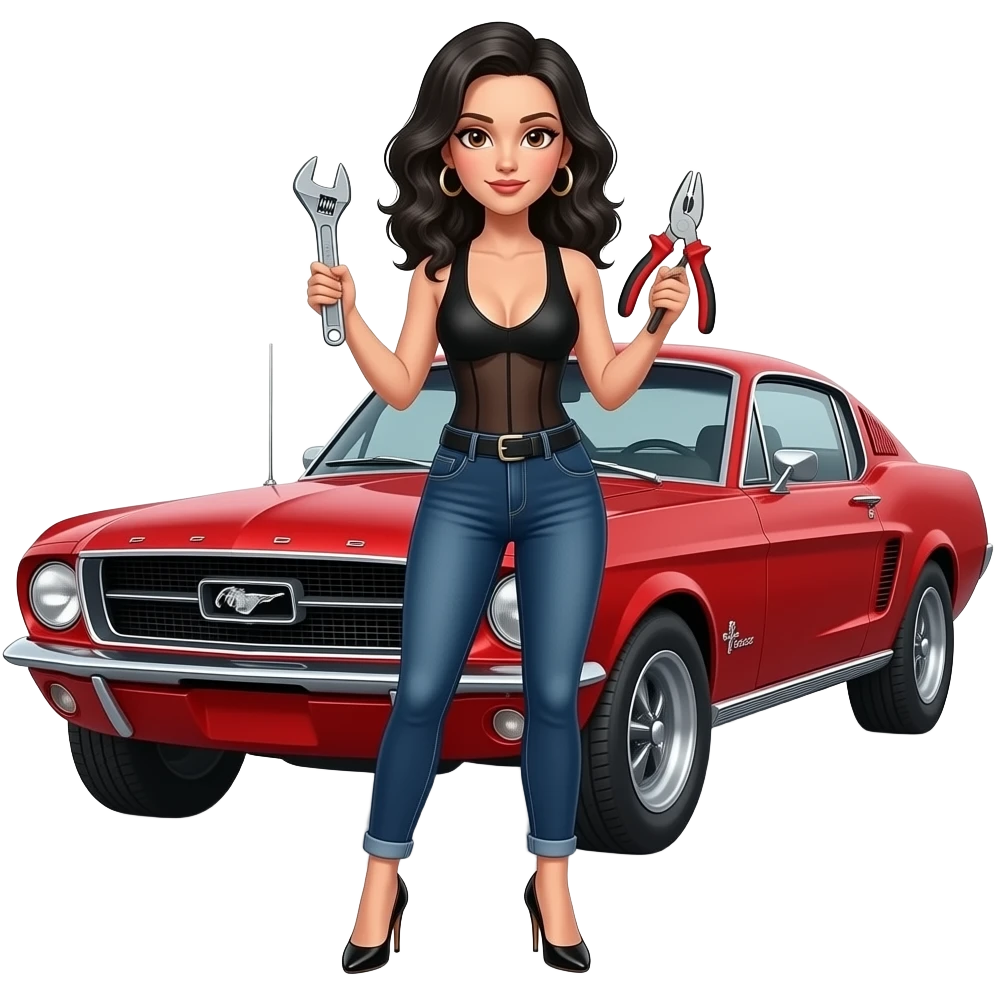 Pale girl with wavy jet black hair and brown eyes in front of a red ford mustang 1968 coupe. Girl wearing a sheer black sleeveless top, low rounded neckline, jeans and heels with visible toes. Girl holding an adjustable wrench in his right hand and a pair of multi-grip pliers in his left hand. emoji