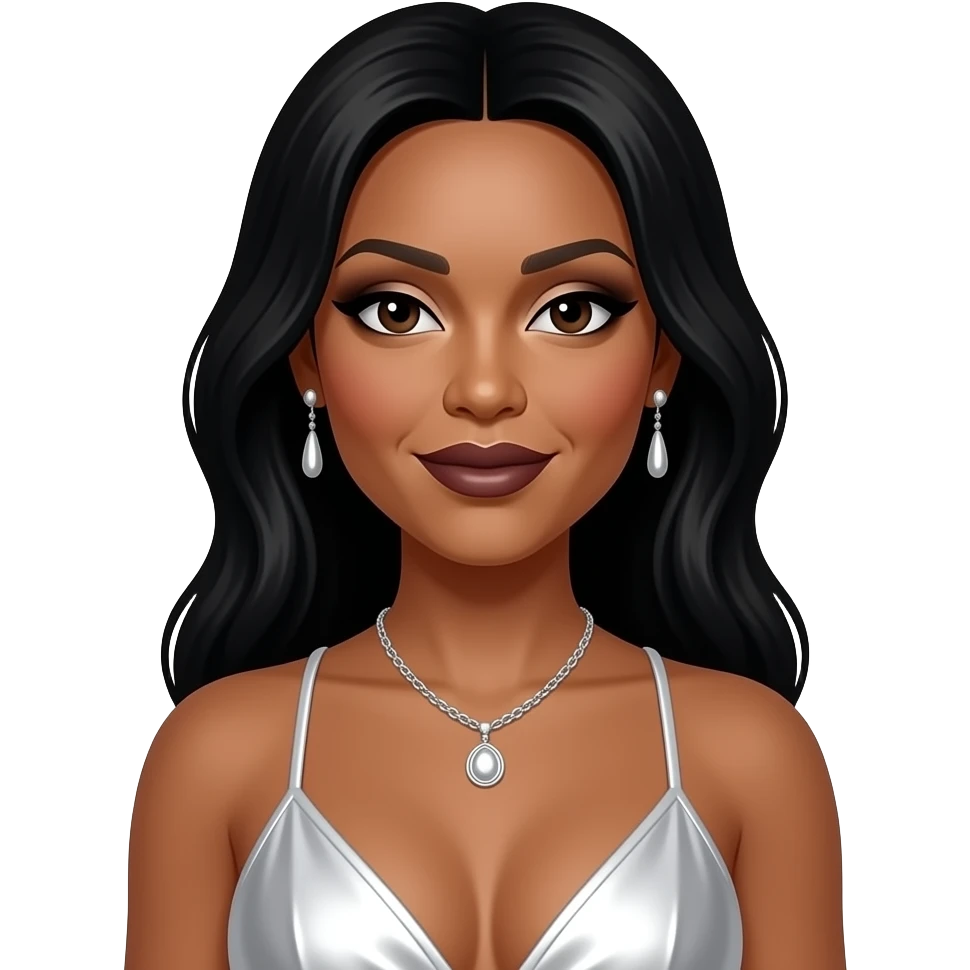 Toni Braxton with dark brown eyes, long black hair, white eyeshadow, dark brown lipstick, white metallic halter dress, silver necklace and earrings emoji