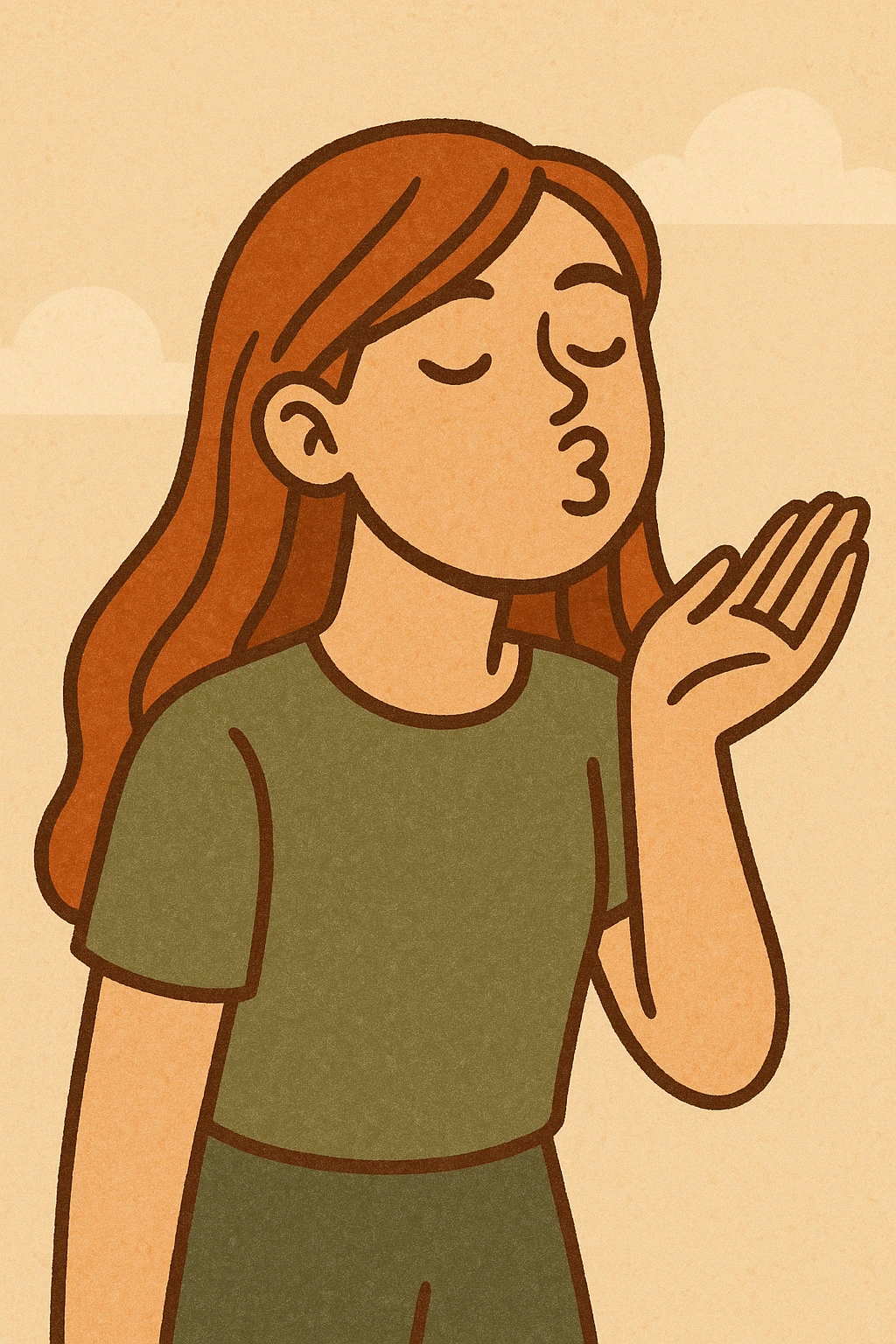 modern flat design style teenage girl giving a kiss, long hair, raised hand, light background emoji