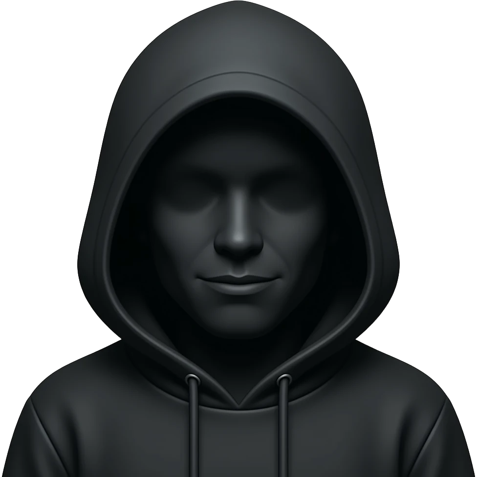 Shadow person wearing a Black hoodie with entire face is hidden in shadow.  face showing only the light of the nose and a slight smirk on one side of her mouth emoji