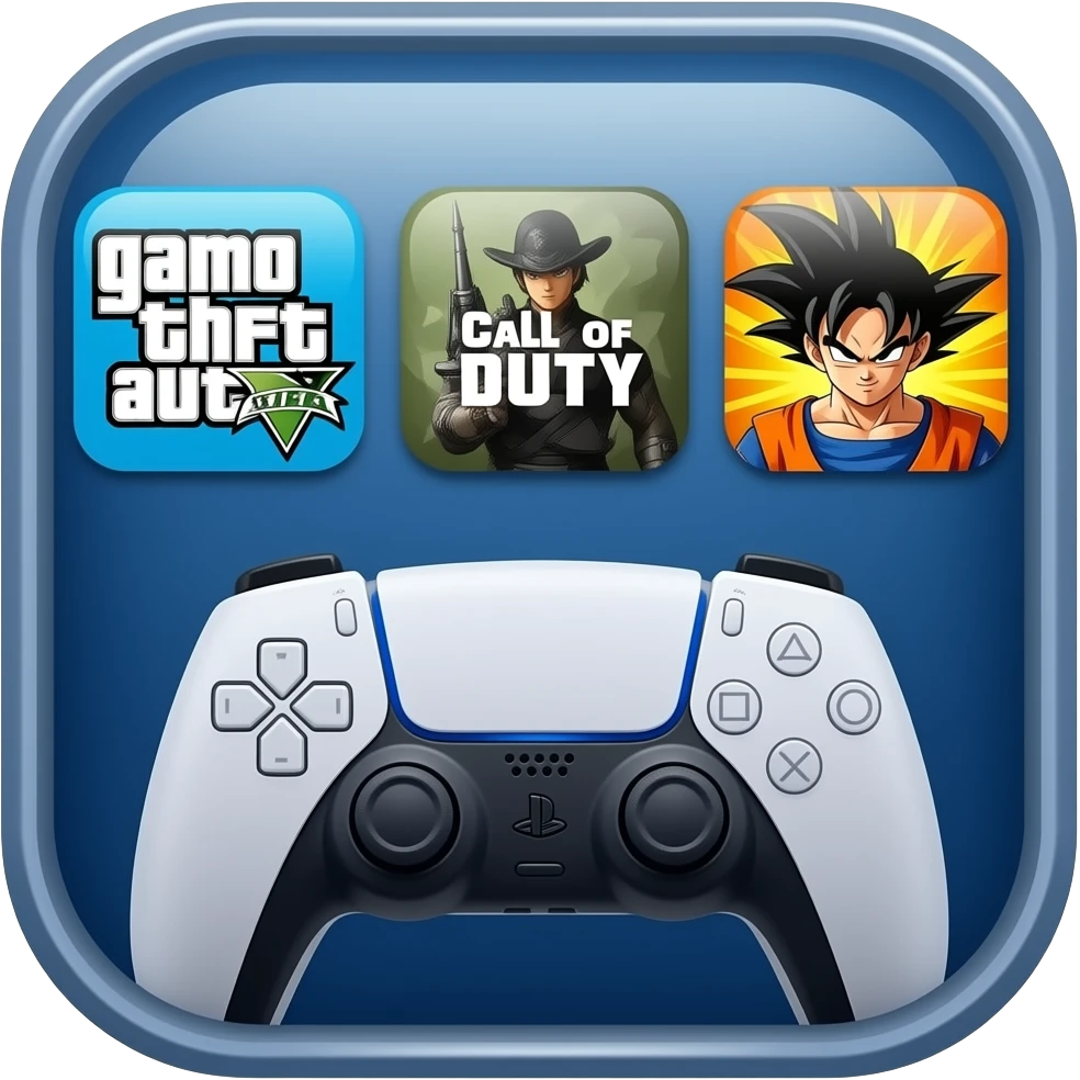 icone avec a l interieur des icone de jeu gta call off duty et dragon ball z et une mannette ps5 devant emoji