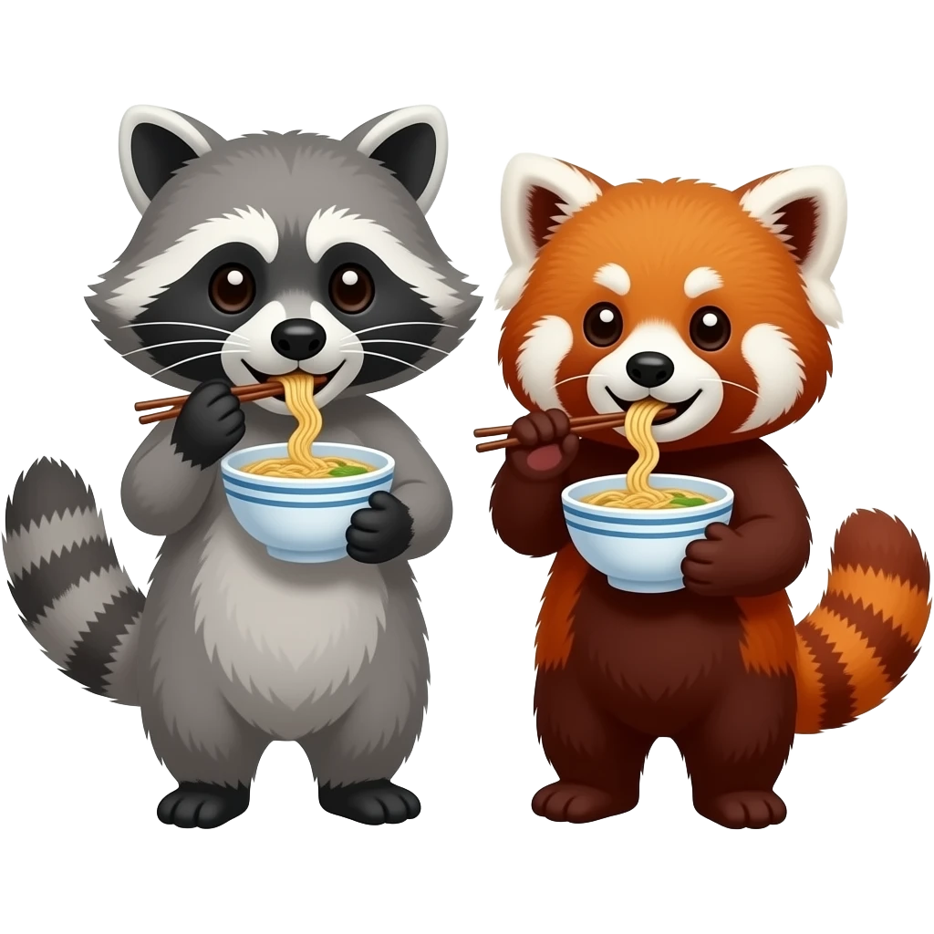 Mapache y panda rojo comiendo ramen junticos emoji