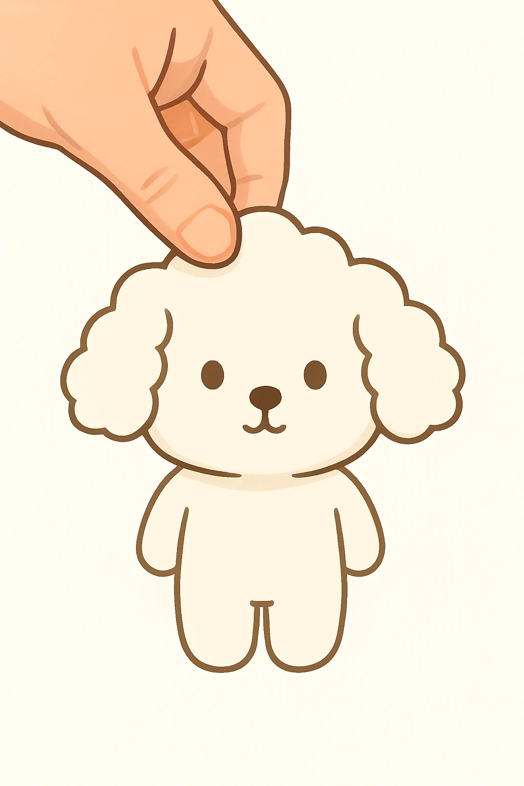 Remove only the bows from the dog's head, keep the hand holding and everything else exactly the same, in the same cute chibi stickers style. emoji