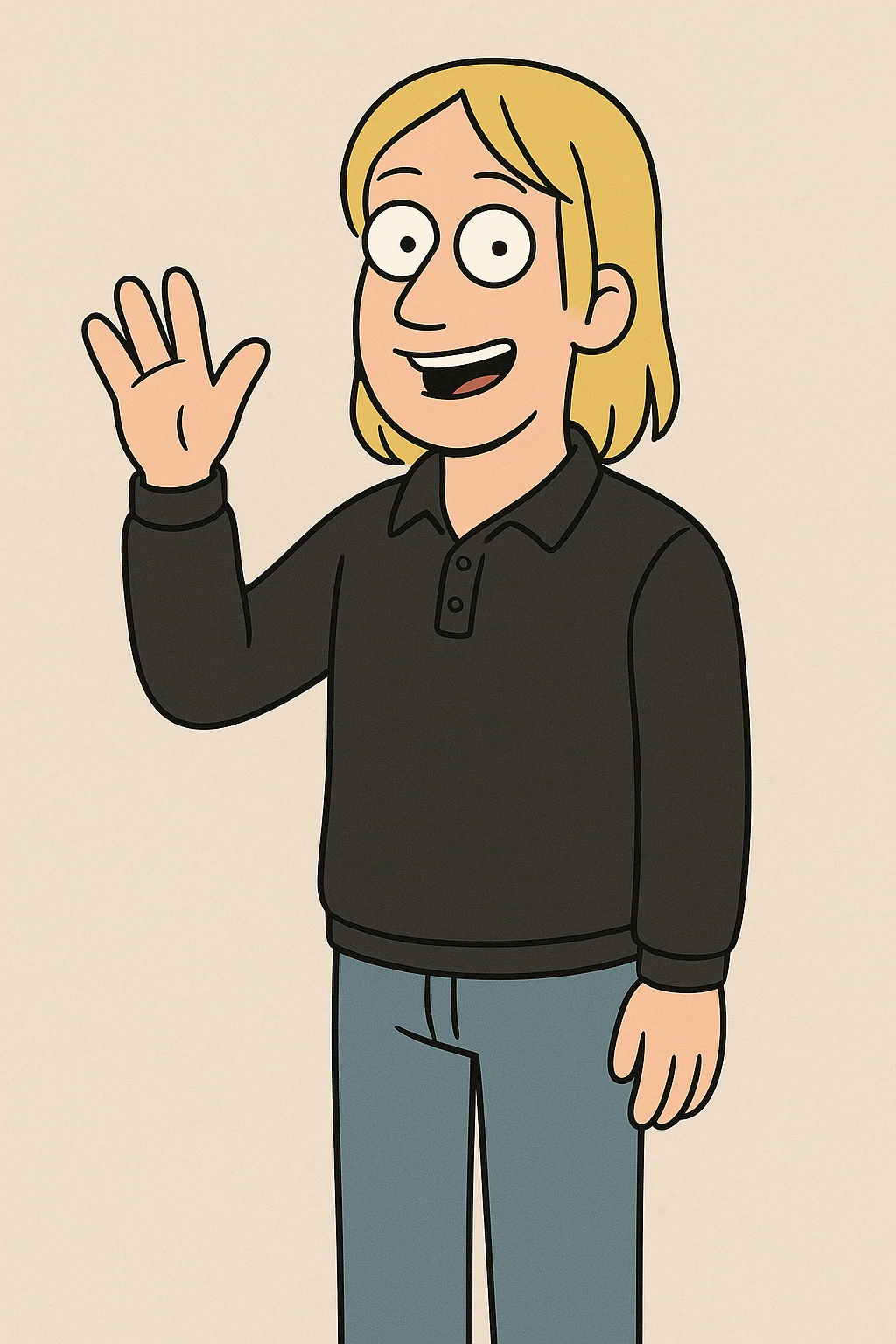 A man straight hair yellow hair Long Sleeve Pique Polo Shirt black lights blue jeans a hand say hello emoji