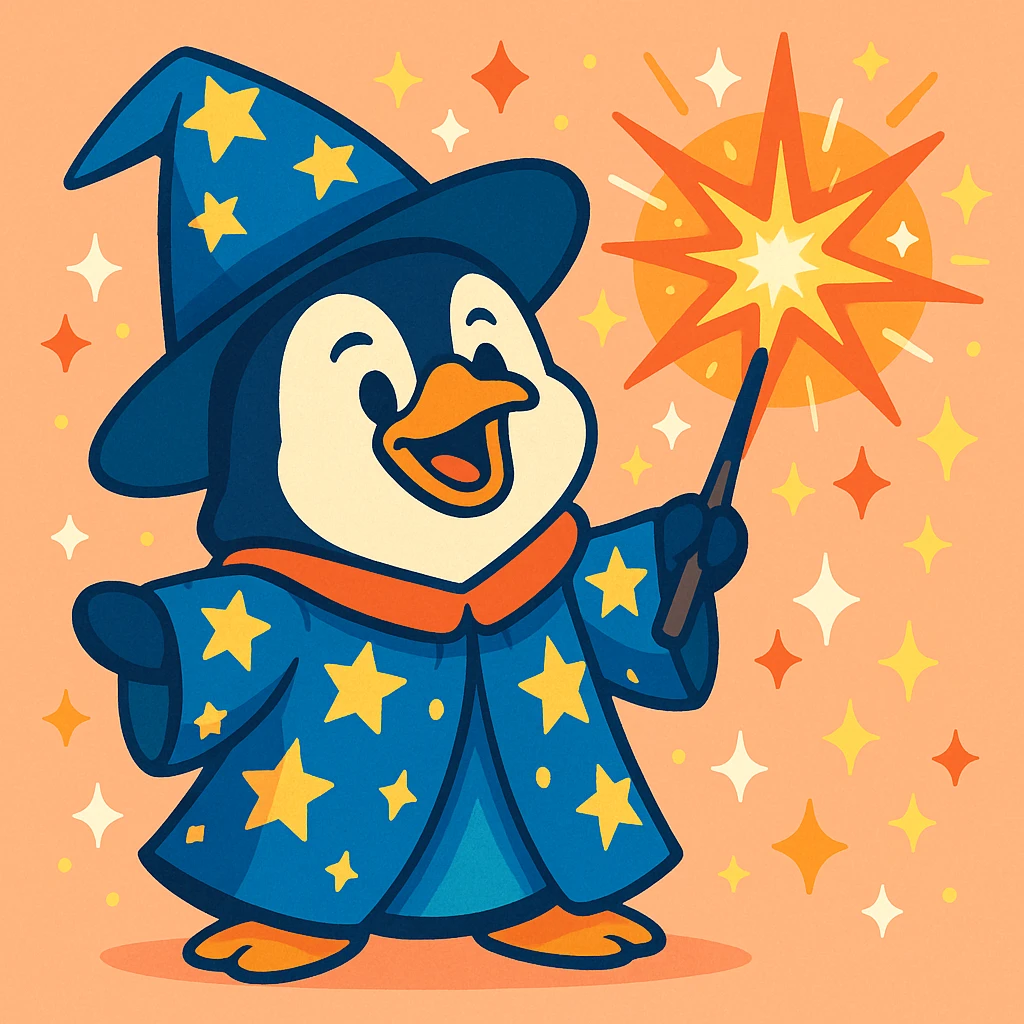 playful cartoon style penguin wizard casting a sparkling spell, with a starry robe and magical aura emoji