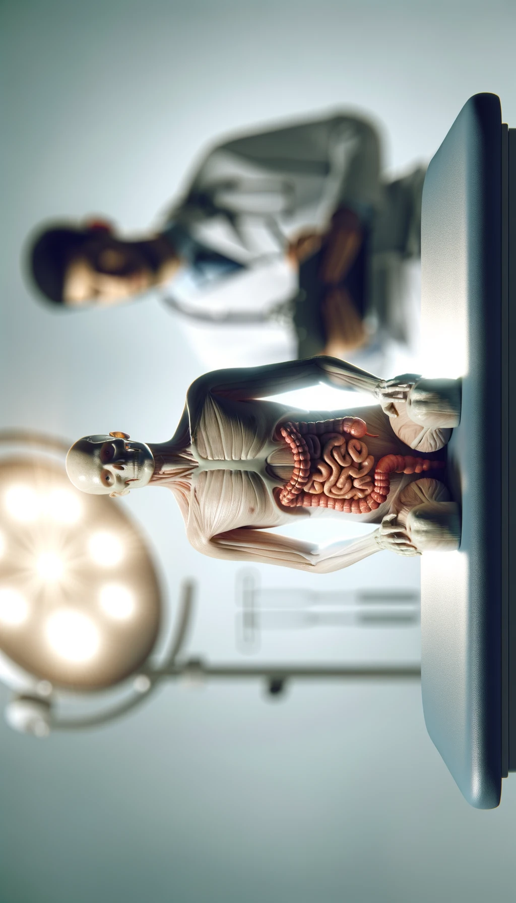 corpo umano anatomico seduto in uno studio clinico su un lettino con intestino umano anatomico visibile, sopra di lui lo illumina una luce, di spalle c'è un medico sfocato, sfondo chiaro iperrealistica 4k emoji