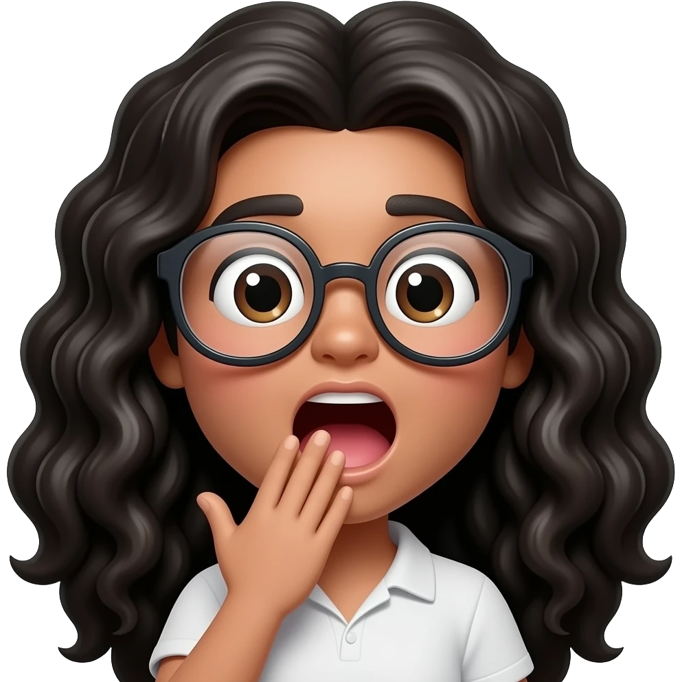 Kawaii style round very light brown glossy with oversized glasses and long curly black hair, yawning with hand in front of mouth emoji