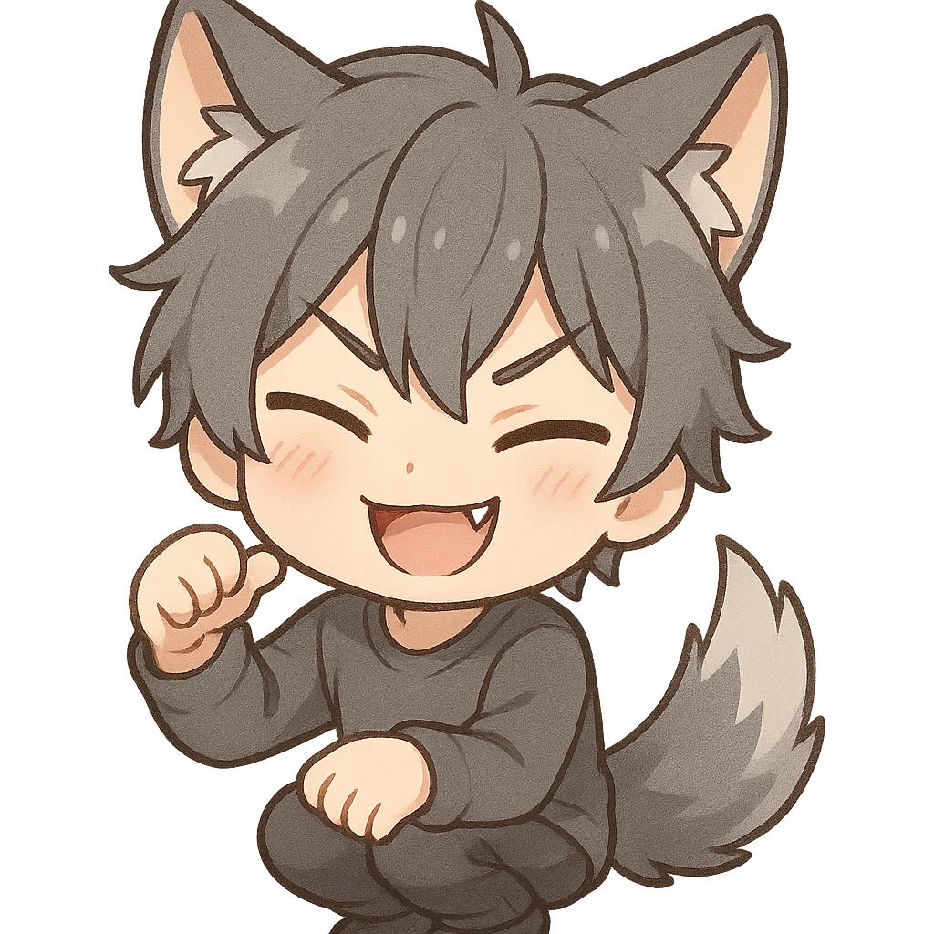 wolf boy with gray hair and wolf ears, mischievous grin, chibi stickers style emoji