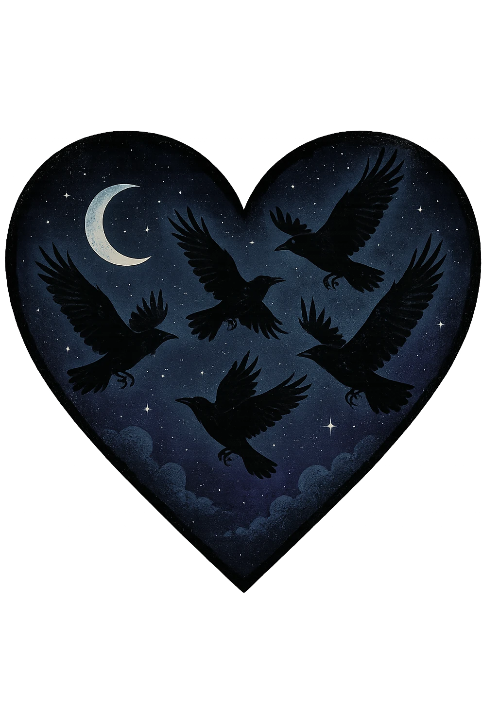 emo heart with night sky and dark ravens, remove background emoji