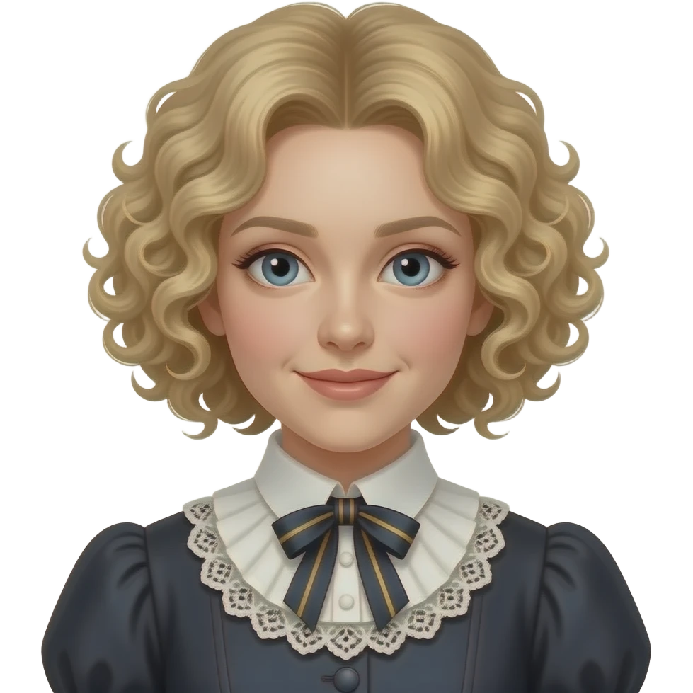 blonde tight curly hair in a short bob in victorian living room emoji
