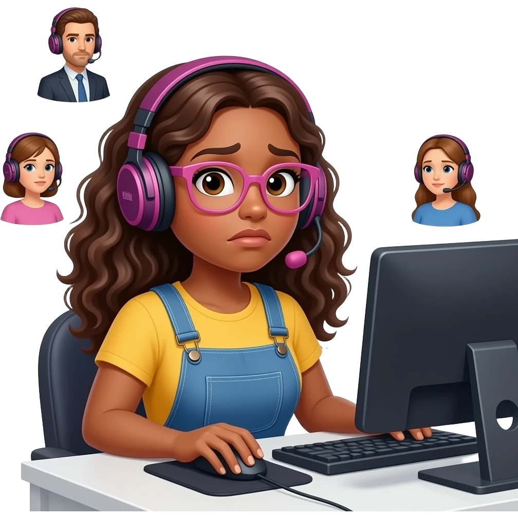 A curvy tan woman with long curly hair and pink glasses, wearing overalls and a yellow shirt, looking straight forward at viewer, wearing a gaming headset,sitting at her computer, looking anxious, speech bubble saying "let's go to banging?",  And some floating avatars of people in headsets around emoji