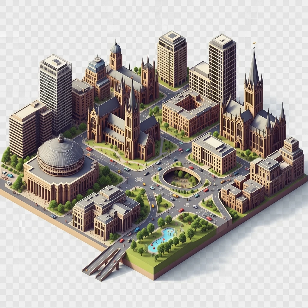 Isometric illustration of Birmingham highly detailed in semi-realistic, 3D miniature effect, transparent background. emoji