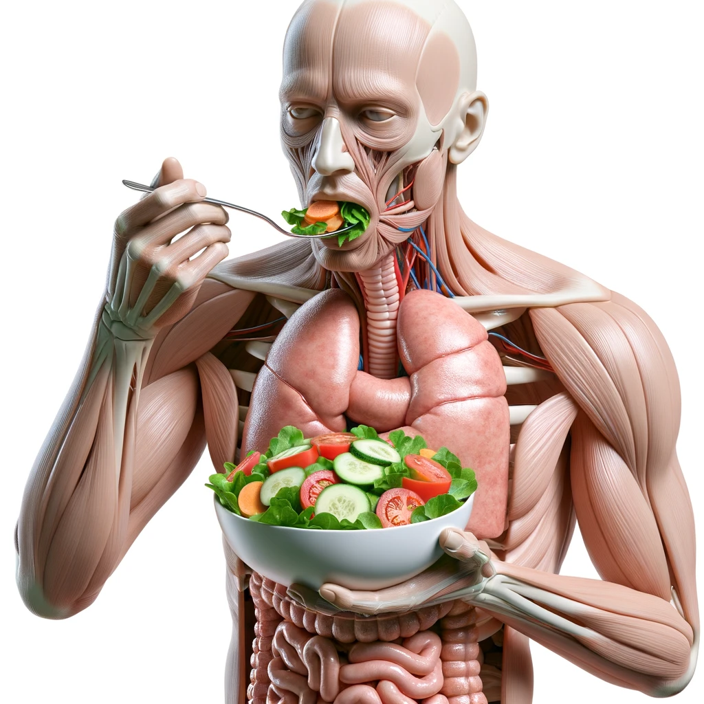 corpo umano anatomico con intestino in evidenza mentre mangia un'insalata con espressione neutra in volto, iperrealistico 4k, isolato su sfondo bianco emoji