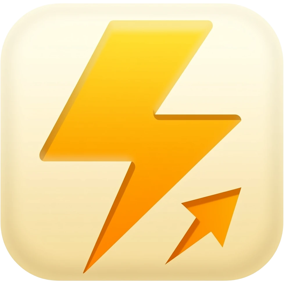Minimalist flat design icon of a lightning bolt combined with a forward motion arrow, representing speed and efficiency, clean modern style, soft gradient (yellow and orange), no text emoji