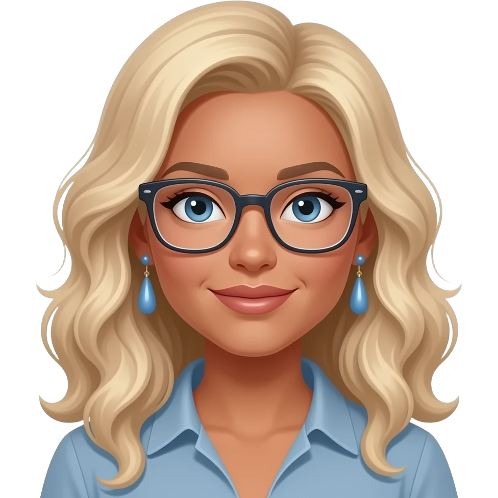 woman with long cool toned blonde loosely curled hair, rectangular glasses and tan skin, with blue dangly earrings in each lobe emoji
