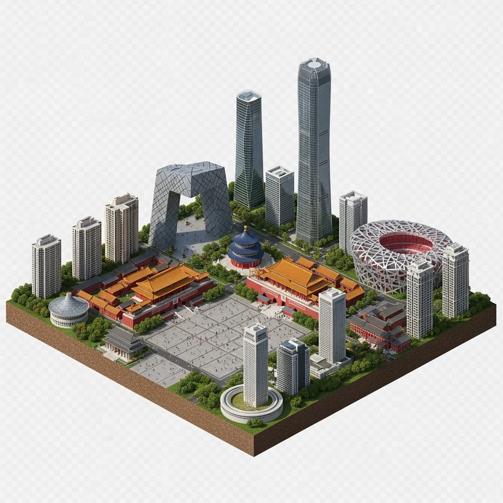 Isometric miniature of Beijing Forbidden City, Tiananmen Square, CCTV Headquarters, Temple of Heaven, China Zun skyscraper, Bird’s Nest Stadium, Beijing apartment blocks, 3D miniature effect and Tilt Shift effect, no cartoonish look, transparent background, don't cut angles emoji