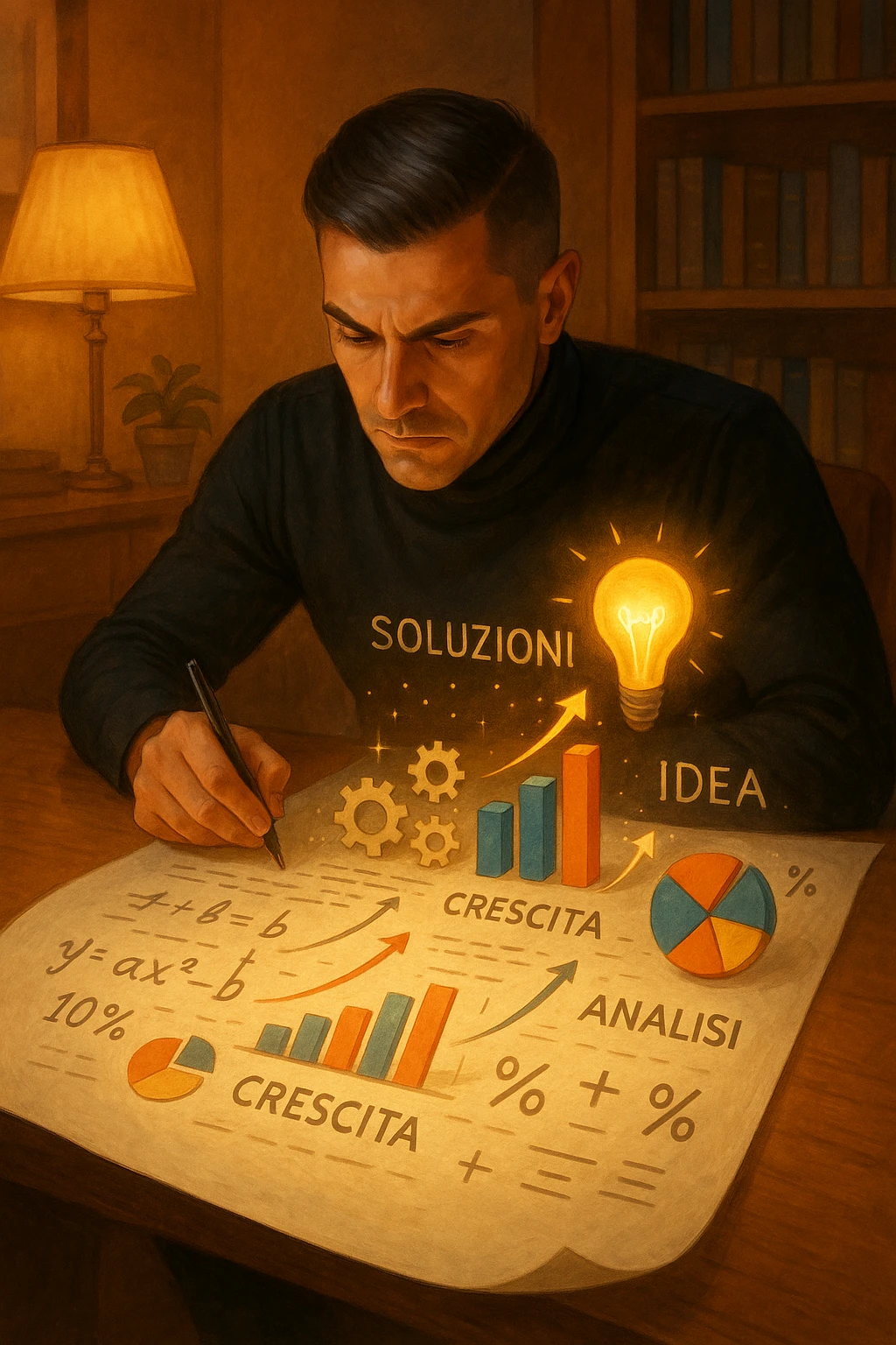 Un uomo concentrato, seduto alla sua scrivania in una stanza con luce calda, sta scrivendo su un enorme foglio di carta che si espande magicamente davanti a lui. Mentre scrive, le parole si trasformano in elementi visivi tridimensionali che rappresentano le soluzioni ai suoi problemi in italiano emoji