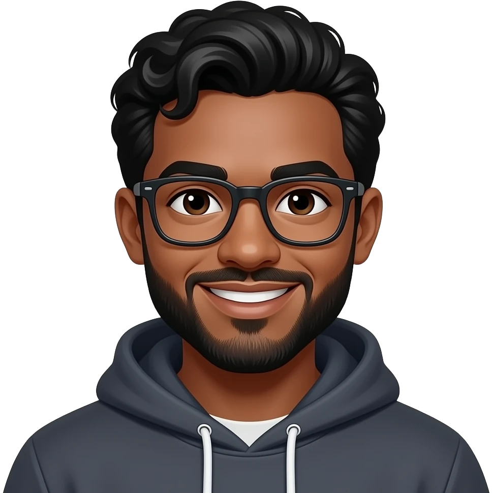 light skin black man in his 20s with black hair and waves. dark brown eyes. beard. glasses. smiling. wearing a hoodie. emoji