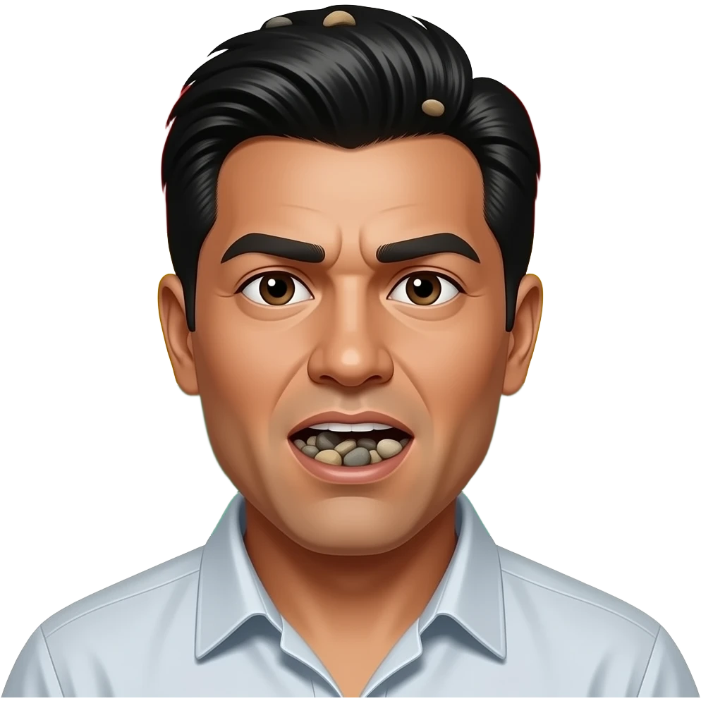 A Bolivian with mouth full of pebbles. Give him a gelled up combover type haircut munching on them. More pebbles put a bunch of pebbles in his hair and ash on his skin with Bolivian flag emoji