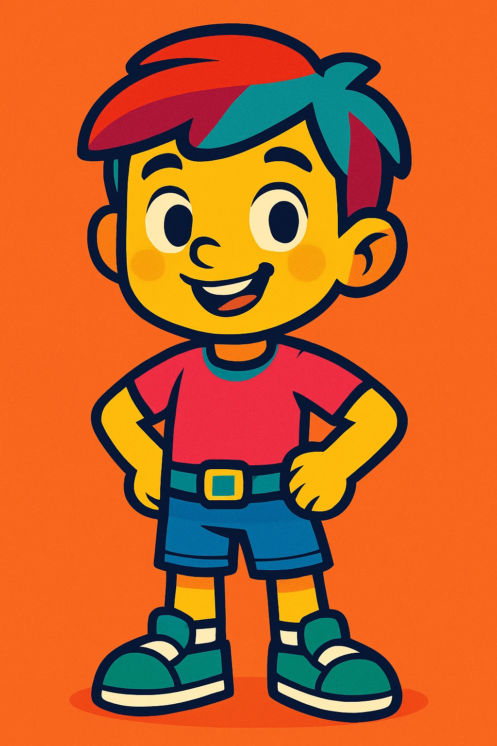 Segmia boy, standing, hands on hips, colorful and friendly emoji