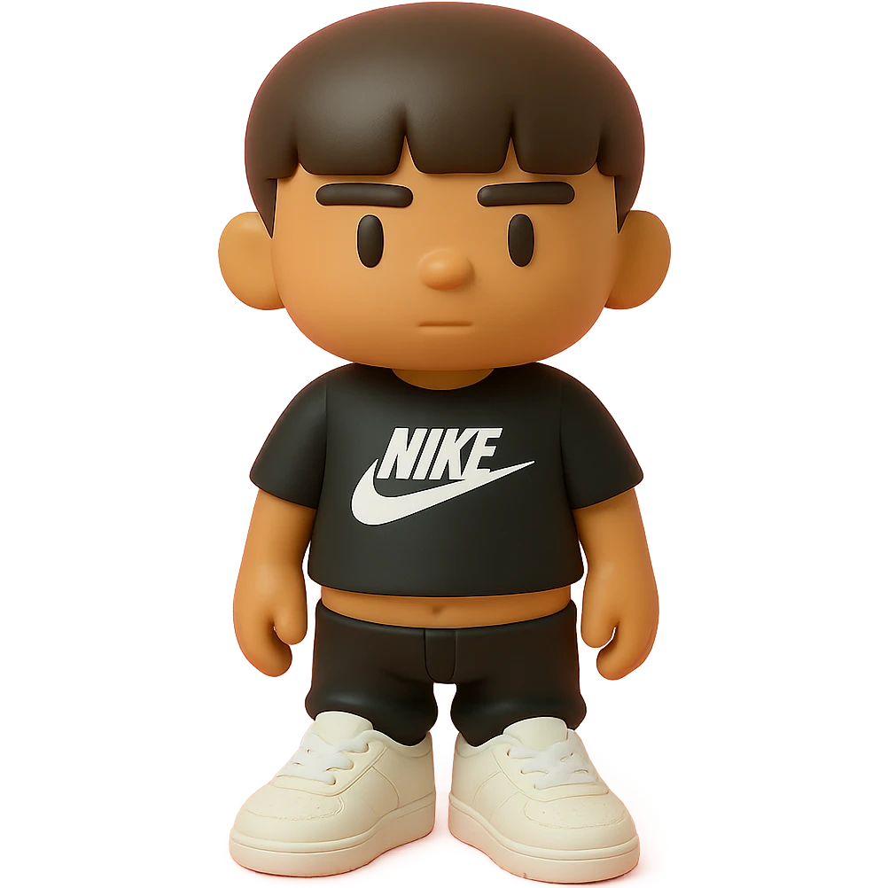 chico moreno cartoon with eyebrow-length bangs, wearing a black Nike t-shirt, black Nike pants lowered, white Dior sneakers, urban flow emoji