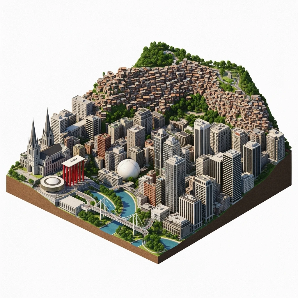 Isometric miniature of São Paulo Catedral da Sé, MASP on red pillars, Octávio Frias Bridge, and Altino Arantes building, favelas on hillsides, dense chaotic urban blocks, and green parks 3D miniature effect and Tilt Shift effect, no cartoonish look, transparent background. emoji