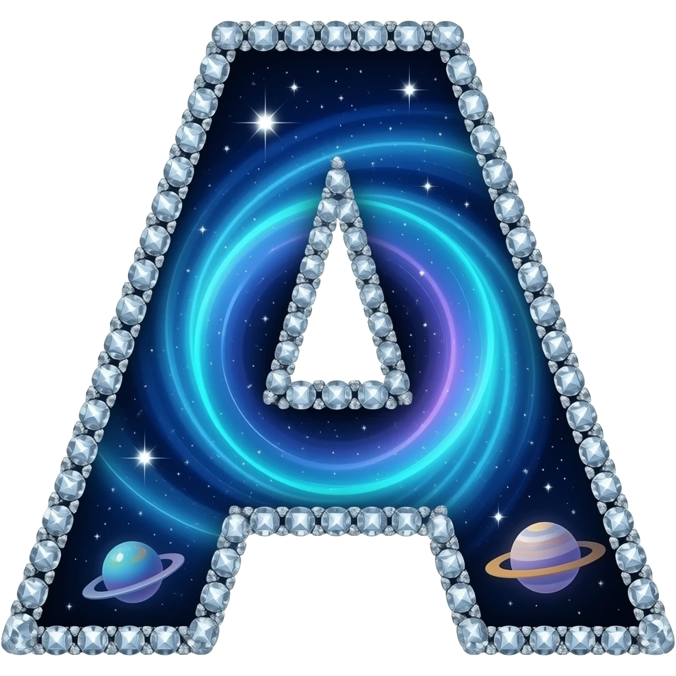 A letter 'A' made of swirling cosmic starlight and deep blue nebulas. The edges are composed of shimmering diamond dust and small orbiting planets. Ethereal, dreamy, high-gloss finish emoji