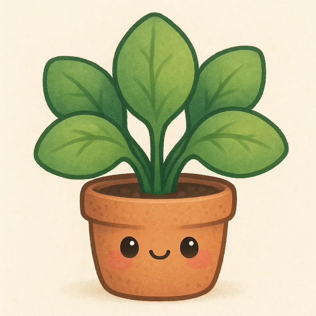 a cute leafy plant with chubby leaves and a blushing face emoji