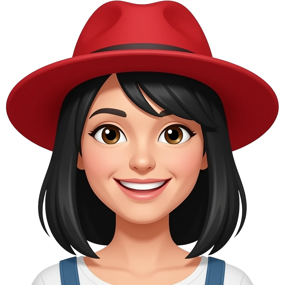 red hat, black hair, smiling woman emoji