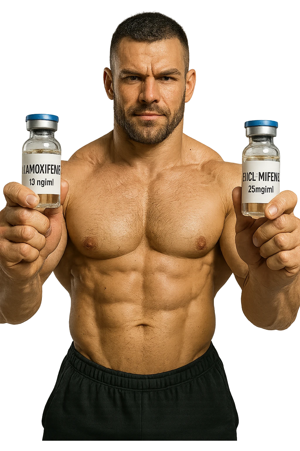 bodybuilder tiene una fiala medica con la scritta "TAMOXIF€NE" NELLA MANO DESTRA E UNA FIALA CON LA SCRITTA €NCL*MIFENE" NELLA MANO SINISTRA emoji
