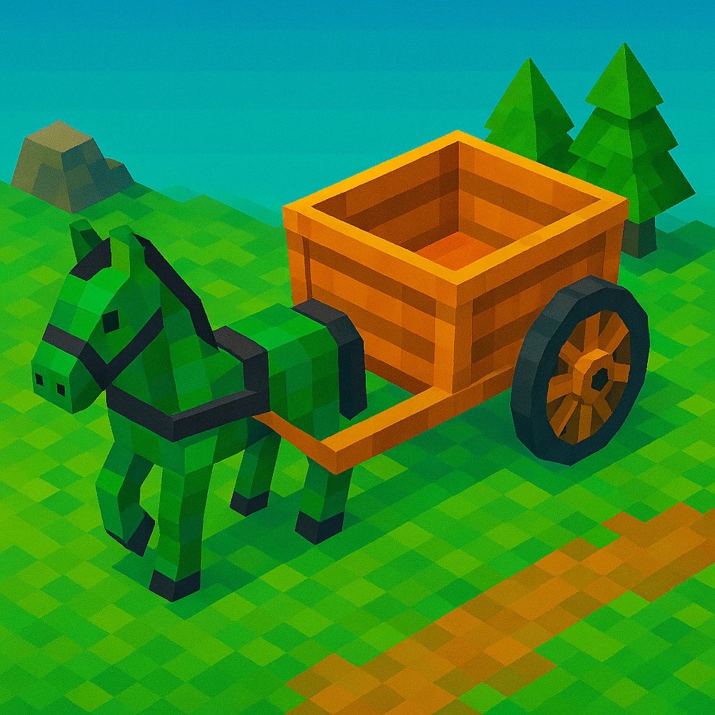 Isometric horse and cart with color variation: green and orange, keep original style low poly 3d. emoji